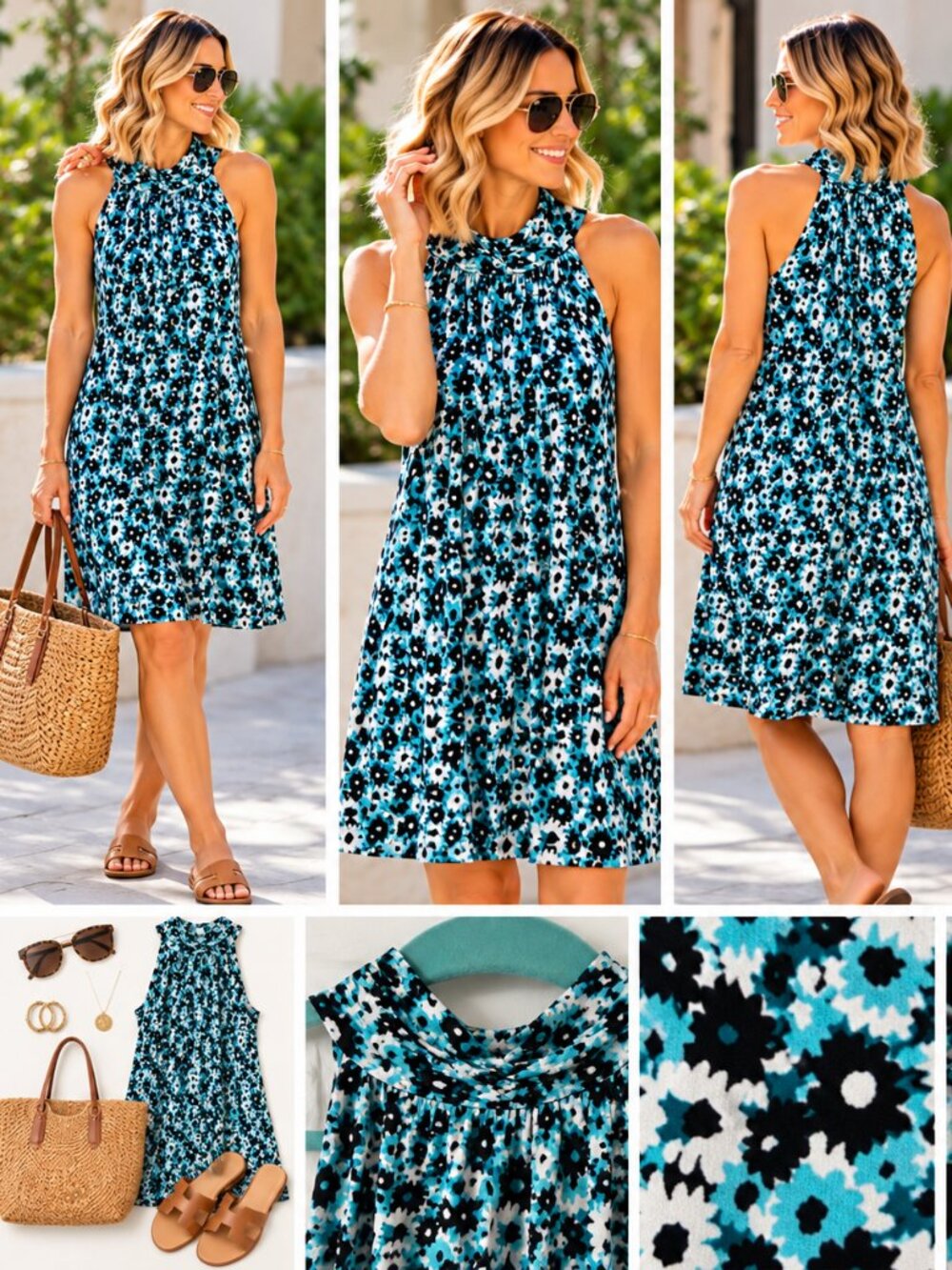 NWT Michael Michael Kors Floral Halter Dress Blue Black White Size L